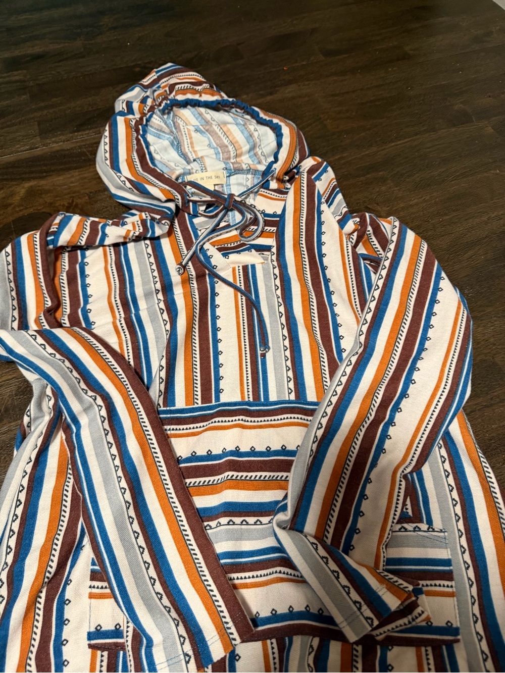 Striped Hooded Baja Sweater in Blue, Brown & Orange